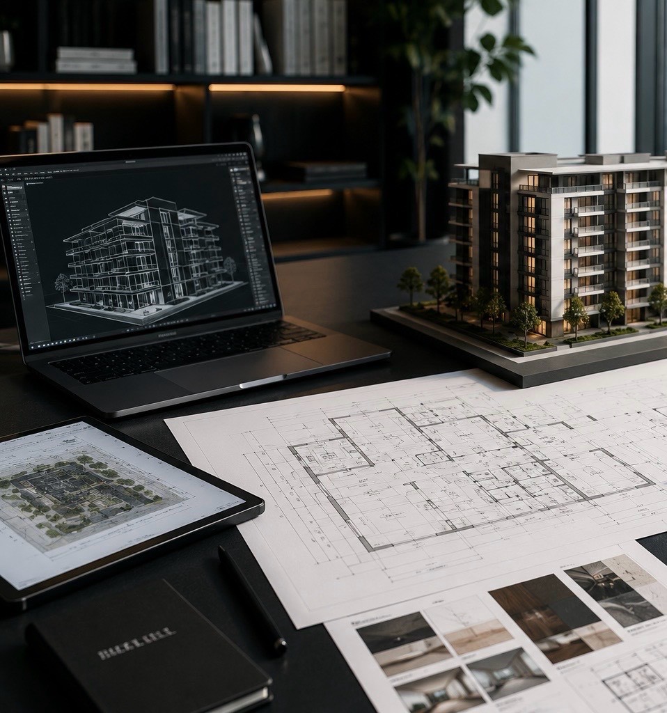 図面と建物模型を使って計画を検討するイメージ